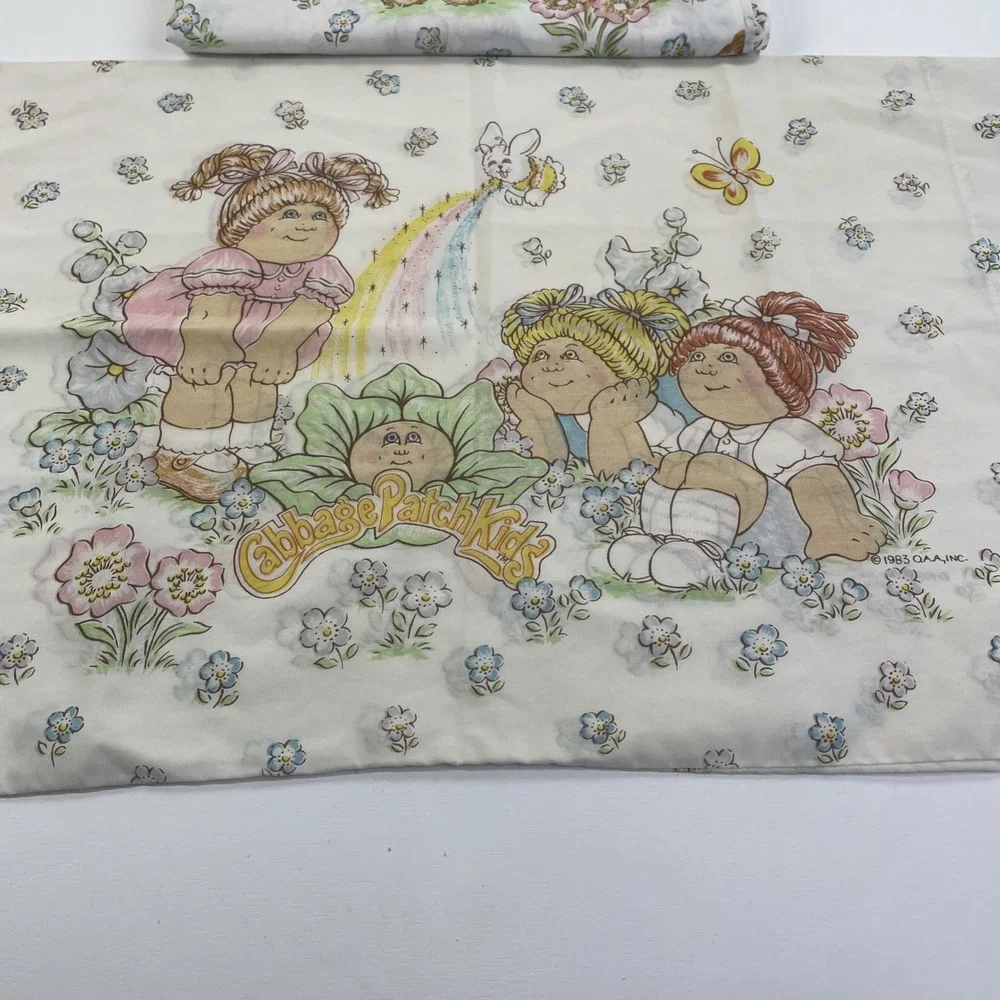 Cabbage Patch Kids Flat Sheet Pillowcase Twin Unisex White Vintage 1983 2pc Set